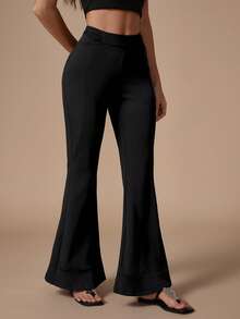 Nuvra Women's Solid Color Ruched Waist Casual Basic Flare Leg Pants Pilates Office Black Autumn - Black - View 6