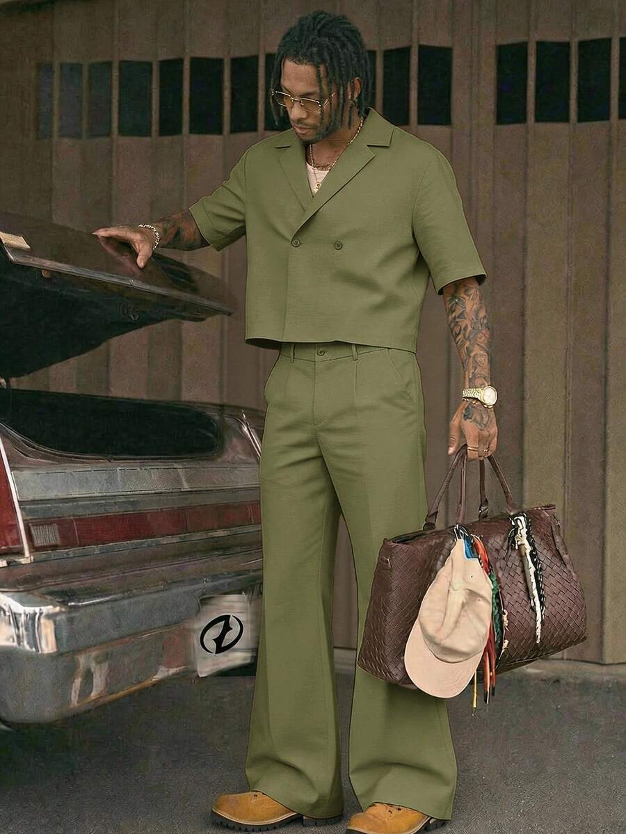 AXEPEAK Men's Casual Solid Color Shirt And Pants Set - Army Green - View 1
