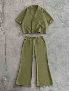 AXEPEAK Men's Casual Solid Color Shirt And Pants Set - Army Green - View 2