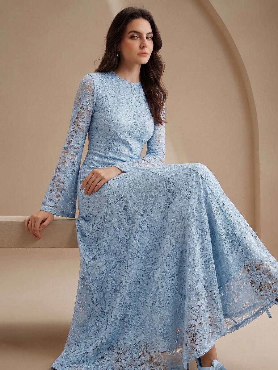 Anewsta 女款淺藍色花卉春夏季優雅婚禮賓客長袖蕾絲圓領修身正式長洋裝,適合派對與婚禮 - 藍色 - 查看 1