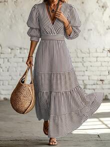 LUMIGAL Women's Striped Deep V-Neck Ruffle Hem Casual Vacation Dress - Coffee Brown - View 3