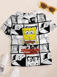SpongeBob SquarePants | SHEIN 男童可爱卡通字母图案拼布印花短袖T恤，休闲夏季 - 白色 - 查看 1