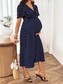 SHEIN Maternity Summer Casual Polka Dot Print Dress - Navy Blue - View 7