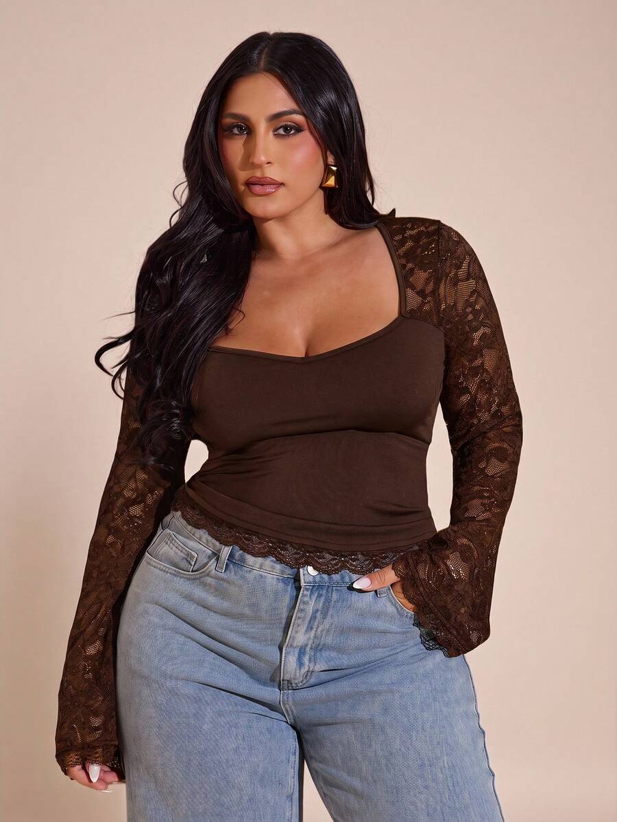 SHEIN BAE Plus Size Women Lace Patchwork Long Sleeve Top - Chocolate Brown - View 1