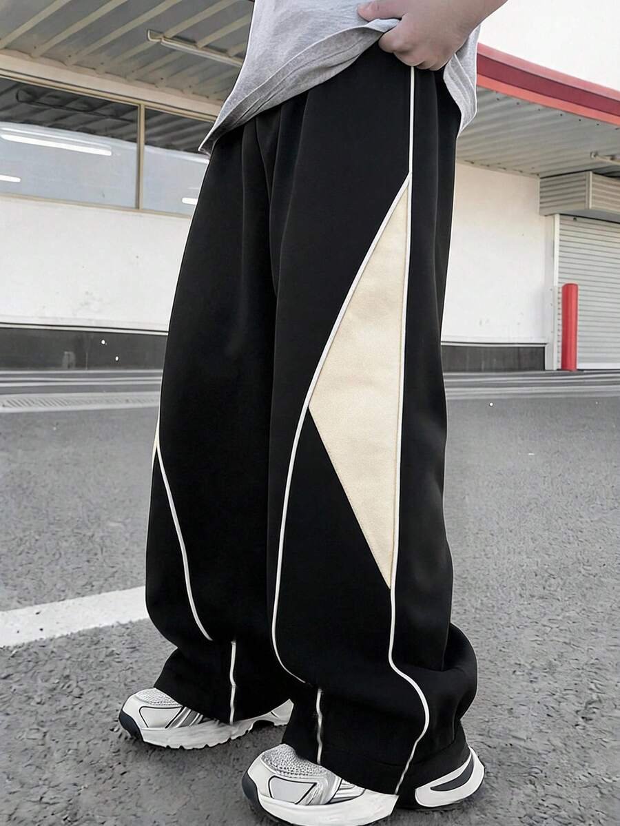 SHEIN 青少年男孩休閒運動長褲，附口袋，運動街頭龐克搖滾風，適合春夏，黑色寬鬆運動長褲，秋冬款 - 黑色 - 查看 1