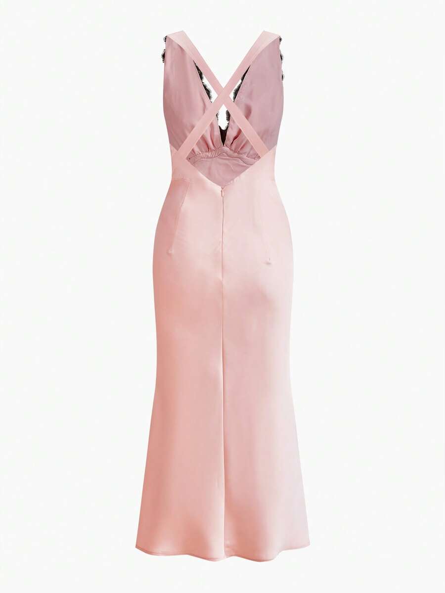 MOTF PREMIUM SATIN SPRING/SUMMER CONTRAST COLOR LACE PATCHWORK V-NECK DRESS, MODERN URBAN DATING - Pink - View 2