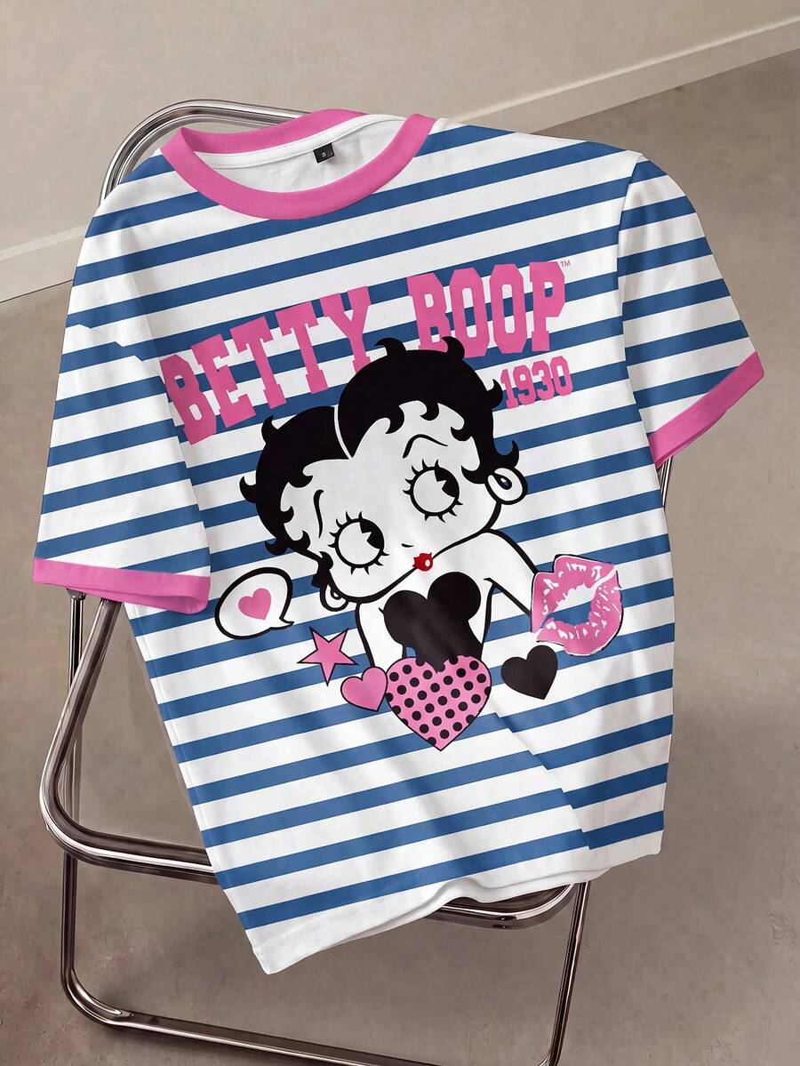 Betty Boop x SHEIN 女士休闲条纹卡通图案撞色滚边短袖T恤,夏季 - 白色 - 查看 1