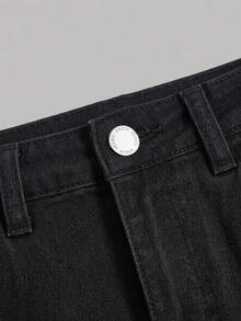 SHEIN EZwear 大尺碼女款休閒百搭牛仔迷你裙，附口袋、鈕扣與做舊設計，適合日常穿著 - 黑色 - 查看 3