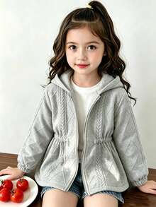 SHEIN Elladie kids 少女連帽外套，休閒可愛學院風復古連帽衫，秋冬開學季戶外運動日常穿搭，舒適保暖外套 - 灰色 - 查看 6