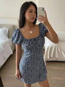 Tween 女童海军蓝碎花立领蝴蝶结前开襟泡泡袖迷你连衣裙，适合派对、度假、郊游、沿海奶奶装 - 藍白色 - 查看 3
