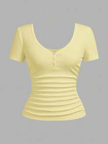 Slaydiva Camiseta de Talla Grande Casual Versátil de unicolor para Verano - Amarillo claro - Ver 3