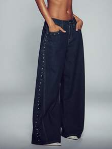 Normani Women's Fashion Studded Button Pocket Loose Fit Denim Jeans Fall Teacher Nightout Pants Navy Blue Y2k Casual - Dark Wash - View 2