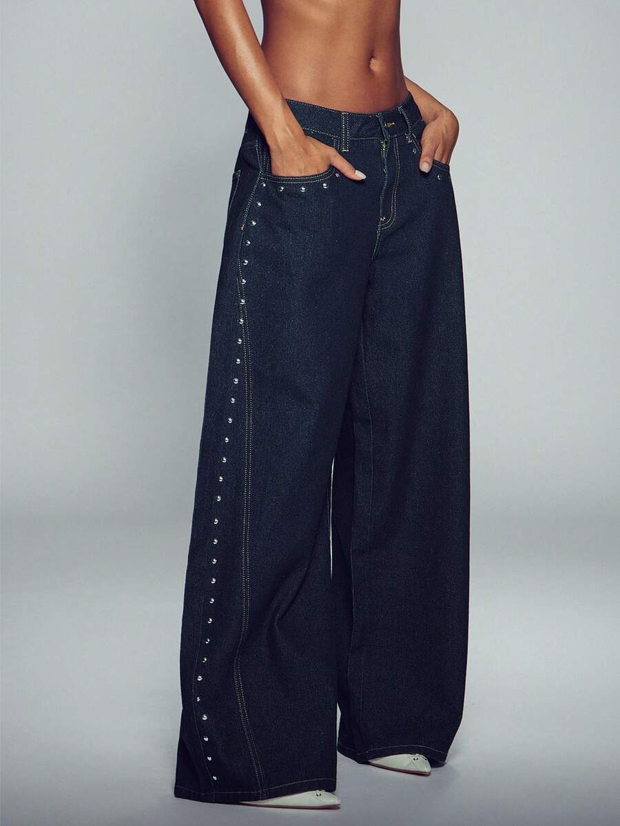 Normani Women's Fashion Studded Button Pocket Loose Fit Denim Jeans Fall Teacher Nightout Pants Navy Blue Y2k Casual