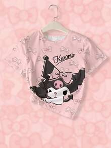 HELLO KITTY AND FRIENDS | SHEIN 少女字母與卡通圖案圓領短袖T恤 少女動漫印花休閒圓領短袖T恤 可愛風童裝上衣 - 白色 - 查看 3
