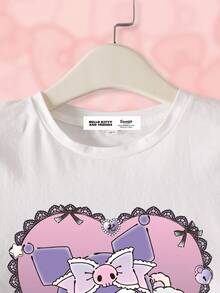 HELLO KITTY AND FRIENDS | SHEIN Tween Girl 字母与卡通图案圆领短袖 T 恤，夏季 - 白色 - 查看 3