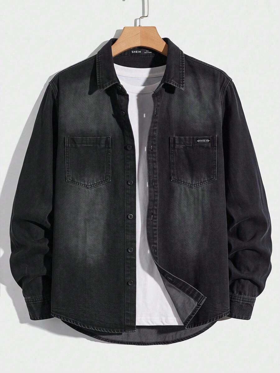 SWAVVY Kemeja Denim Hitam Lengan Panjang Kancing Tunggal untuk Pria - Hitam - View 1