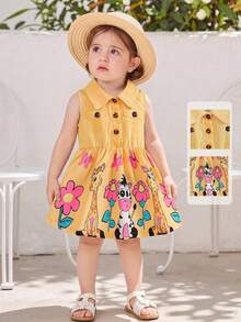 SHEIN Playful Pals 1件女嬰無袖牛仔鈕扣領卡通動物印花休閒陽光連身裙 夏季 - 黃色 - 查看 4