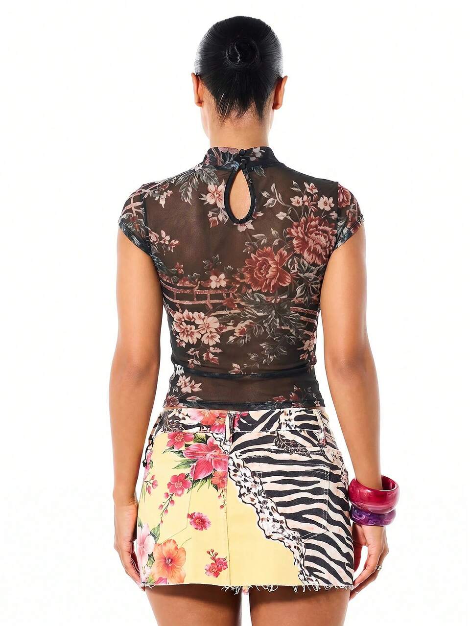 SUMWON WOMEN Sheer Mesh Floral Crop Top With Mandarin Collar Keyhole Cutout Cap Sleeves And Ruched Front Detail