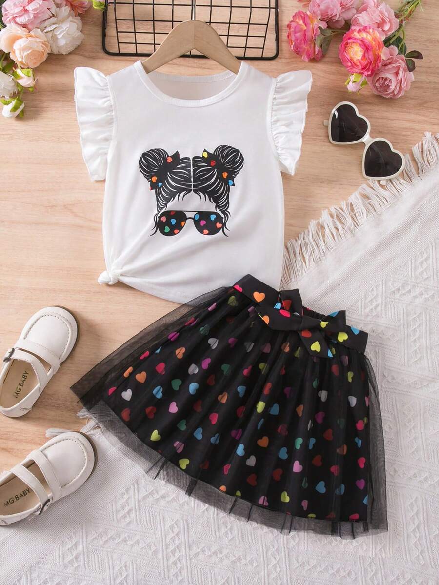 Elladie kids Young Girl Portrait Print Ruffle Trim Top And Mesh Overlay Skirt Set - Multicolor - View 1
