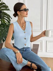 Serisse Casual Versatile Commute Solid Color Knit Vest - Baby Blue - View 4