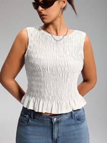LYSMO Plus Size Summer Boho Women's Elastic Ruched Spaghetti Strap Tank Top - White - View 6
