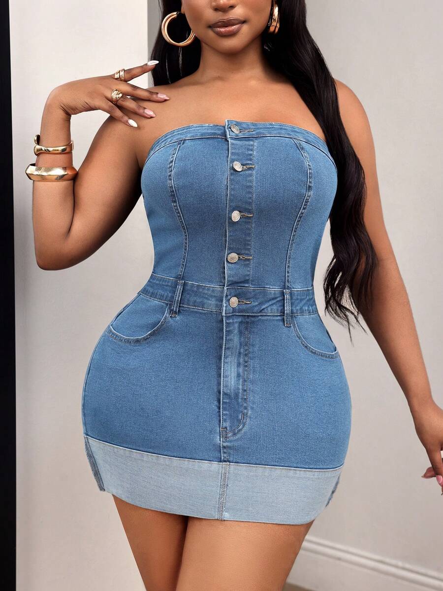 Slaydiva Plus Size Women's Outdoor Strapless Wide Cuff Denim Dress - Medium Wash - View 1