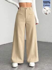 SHEIN PETITE Low Waist Solid Color Wide Leg Pants, Cotton Corduroy, Comfortable For Autumn/Winter - Apricot - View 3