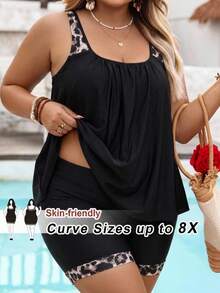 SHEIN CURVE+ 兩件套大尺碼女款長褲泳衣 度假派對黑色夏季性感街頭風 - 黑色 - 查看 6