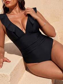 Swim Chiccia Baju Renang Terusan Wanita Ukuran Besar Warna Polos untuk Pesta Pantai Musim Panas, Liburan, dan Liburan, Berkerut dan Berlipit, Seksi, Elegan, dan Mengalir, Warna Hitam - Hitam - View 7