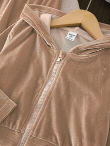 SHEIN Vintaside Kids 女童天鵝絨連帽長袖外套與長褲套裝，適合秋冬穿著，時尚百搭且舒適 - 香檳色 - 查看 4