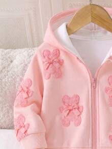 SHEIN 女嬰甜美可愛蝴蝶結小熊 3D 效果花卉印花連帽拉鍊長袖抓絨內裡運動外套，柔軟面料，適合外出，秋冬款 - 彩色 - 查看 6