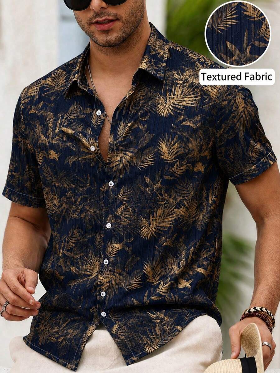 VENTUSAIL 男士全印花單排扣休閒百搭日常穿著襯衫 - 藏蓝色 - 查看 1