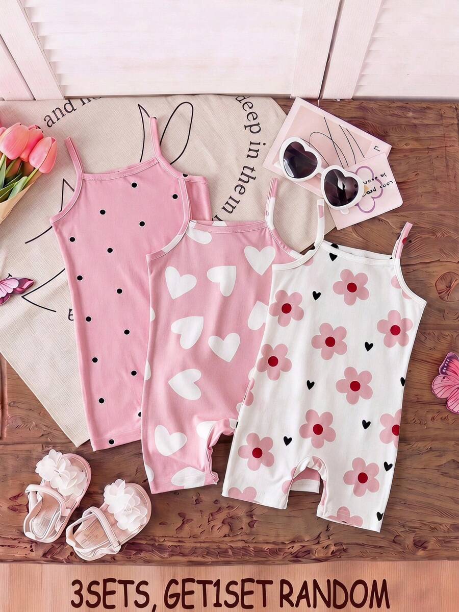 SHEIN طقم رومبير من 3 قطع للبنات الرضع صيفي بتصميم سيدة حلوة، كاميسول محبوك بقصة ضيقة - وردي - مشاهدة 1