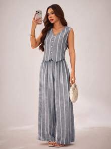 SHEIN PETITE 法式復古休閒條紋無袖上衣與寬腿褲兩件套夏季女裝 - 淺灰色 - 查看 7