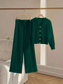 SHEIN LUNE 2 件套女士休闲宽松针织毛衣和裤子家居服套装，舒适简约的设计 - 墨綠色 - 查看 7