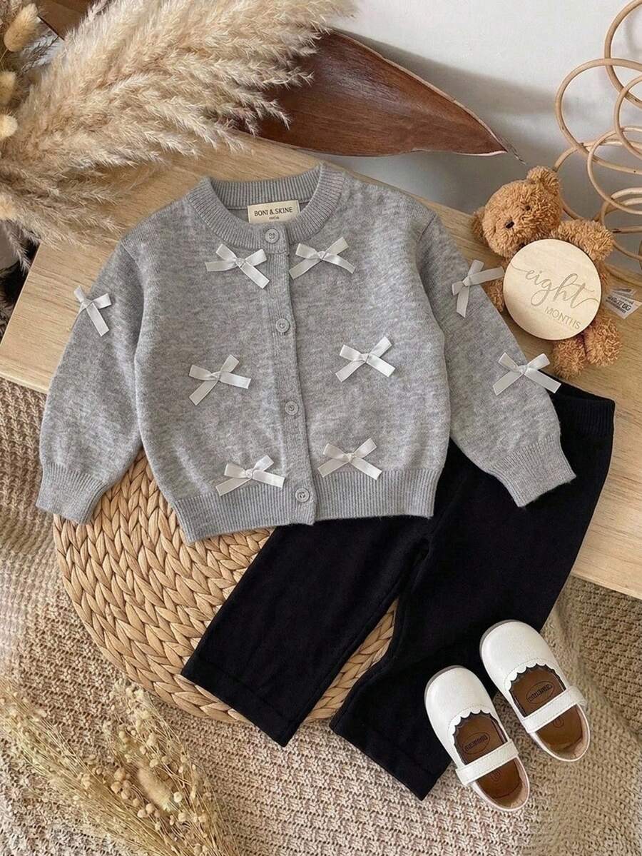 SHEIN 女嬰可愛休閒秋冬灰色蝴蝶結長袖毛衣與鬆緊腰長褲2件套 - 灰色 - 查看 1
