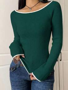 SHEIN Cottnline Fashionable Casual Ribbed Fitted Flare Sleeve Women Sweater - Dark Green - View 3
