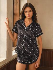 Bisouelle Polka Dot Print Casual Versatile Short Sleeve Shirt And Shorts Button Set - Black and White - View 5