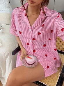 Napfluff Women's Red Striped Heart Print Cardigan Petal Sleeve Crinkled Short Sleeve Shorts Pajama Set - Pink - View 5