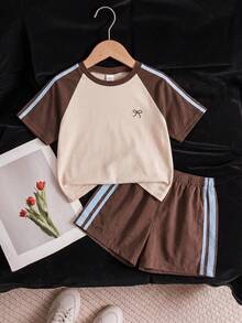 Elladie kids 女童撞色短袖T恤和短裤套装 - 彩色 - 查看 3