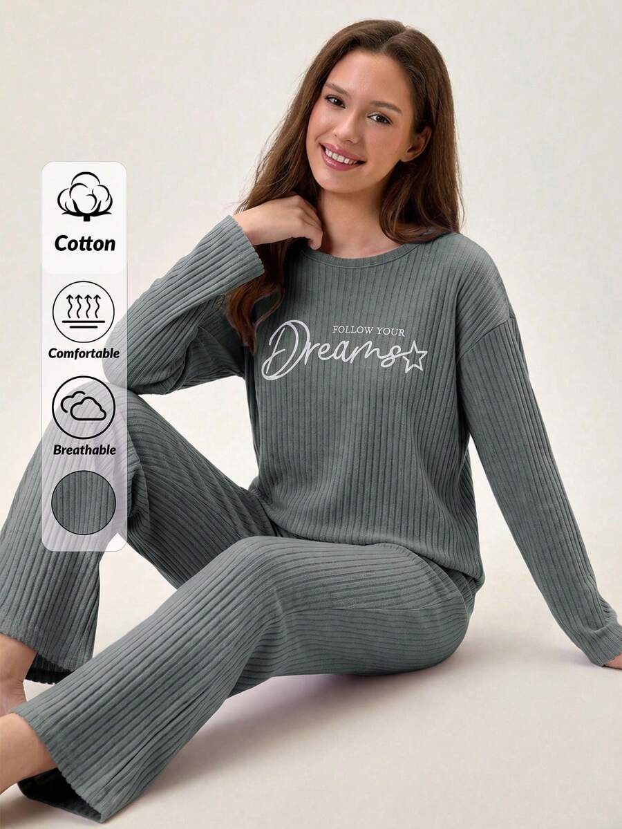 SHEIN Cottnline Women's Letter Print Long Sleeve Top And Pants Pajama Set - Dark Green - View 1