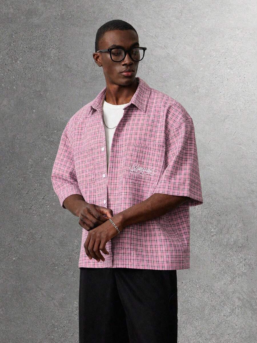 STYNVO 男士百搭刺繡口袋單排扣短袖襯衫 - 紫色 - 查看 1