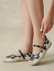 Styleloop 時尚黑色刺繡鏤空拼接配色草編底女款平底鞋，舒適透氣，適合通勤、戶外與度假 - 黑色 - 查看 11