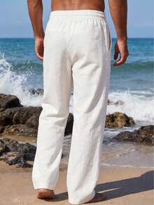 Genlund Men's Drawstring Waist Solid Color Pocket Casual Versatile Daily Travel Long Pants - White - View 2