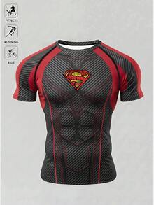 SUPERMAN X SHEIN 男士條紋插肩袖短袖休閒健身運動T恤 - 彩色 - 查看 7