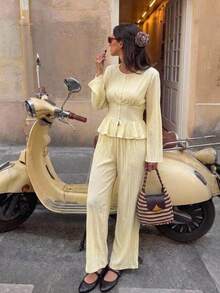 Serisse Women's Elegant Romantic Pale Yellow Pleated Ruffles Long Sleeve Top And Pants Casual Daily 2 Pieces Set Afternoon Tea Back To School Work - Light Yellow - View 6