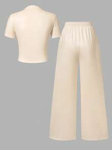 青少年女孩字母印花T恤與長褲套裝 - 黃色 - 查看 2
