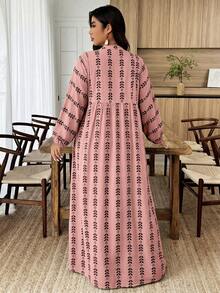 Weeklong 大尺碼橄欖綠印花V領鈕扣層次長洋裝，波希米亞風，適合度假與日常穿著，秋季款 - 彩色 - 查看 2