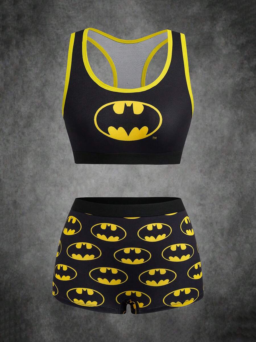 BATMAN X SHEIN 女士卡通印花吊带背心和内裤套装 - 黑色 - 查看 1