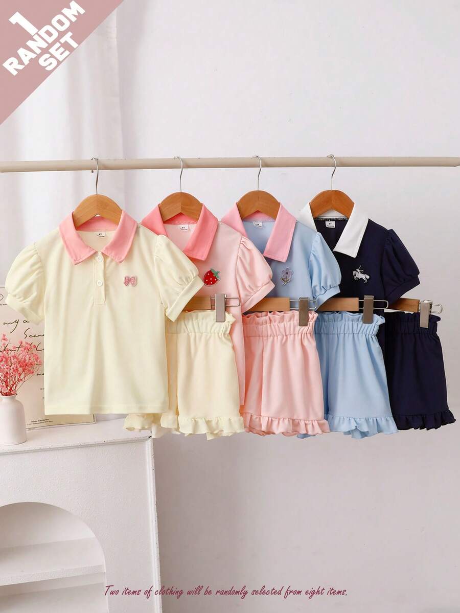 SHEIN 女童甜美可愛簡約富家風 Polo 領短袖撞色領口蝴蝶結刺繡貼布裝飾上衣 荷葉邊腰帶下襬裙褲休閒 T-shirt 隨機 4 件組 - 彩色 - 查看 1